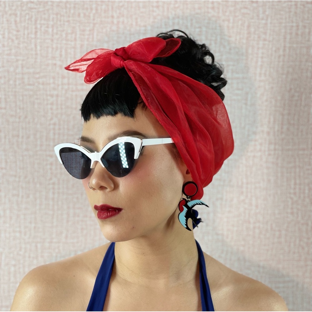 Red Retro 50'S Vintage Style Sheer Tulle Head Scarf  Wrap Bandana Neckerchief - Picture 4 of 5